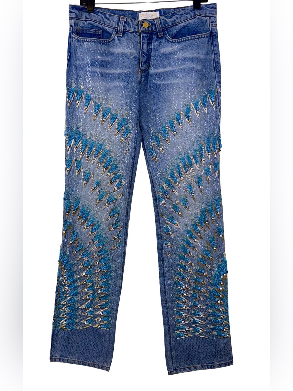 ROBERTO CAVALLI HAND-DECORATED BLUE DENIM JEANS